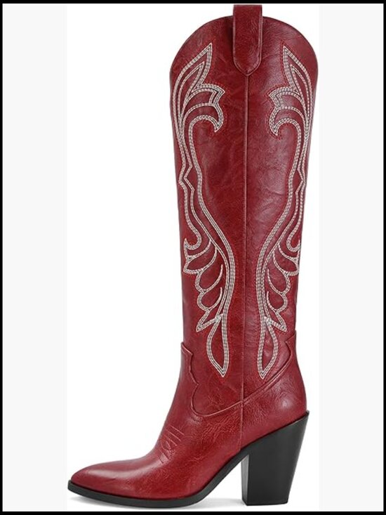 Shoes - Women's Pointed Toe Chunky Heel Knee High Cowgirl Boots with Embroidery and